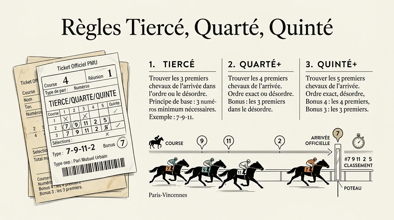 Illustration des règles tiercé quarté quinté avec un ticket PMU et l'arrivée d'une course.