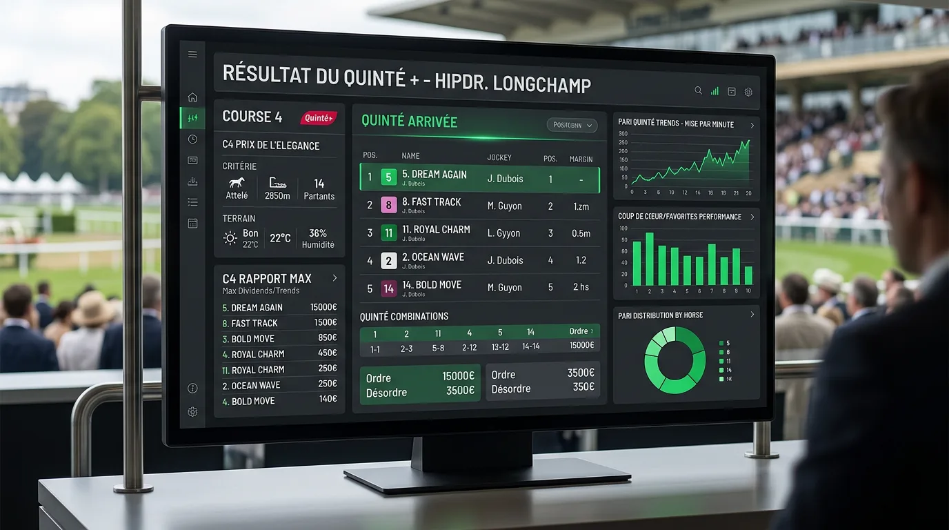 Chevaux à l'arrivée affichant le résultat quinté du jour sur l'hippodrome de Longchamp