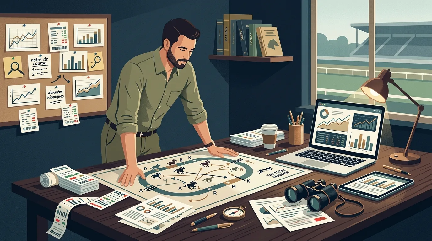 Un analyste turf élaborant une méthode pour gagner au quinté sur un tableau tactique, entouré de données hippiques et de tickets de jeu.